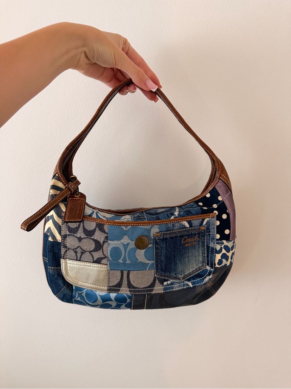 Coach Patchwork Mini Shoulder Bag in Blue, Navy, Brown